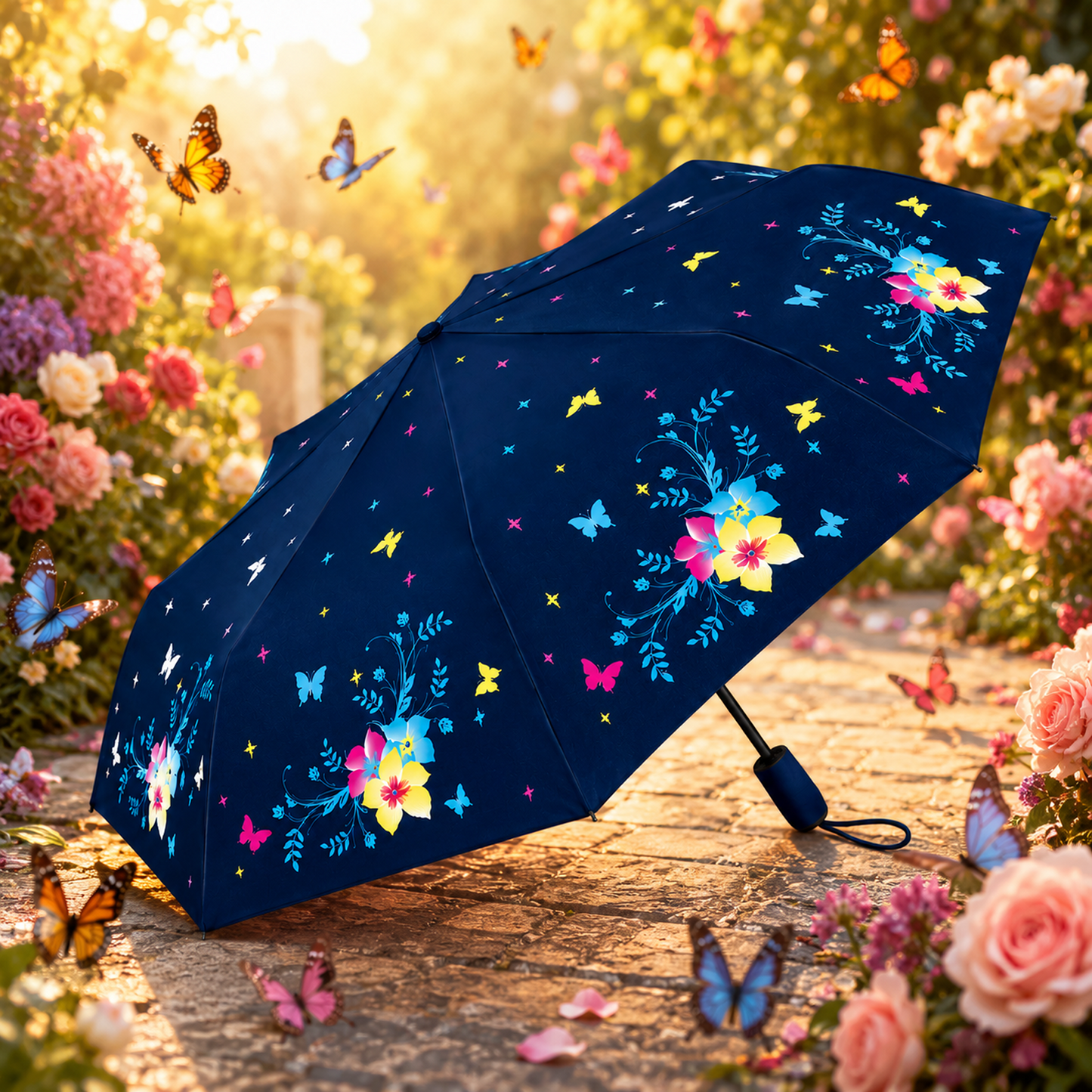 Magic Colour Changing Floral Triple-folding Umbrella with UV Protection