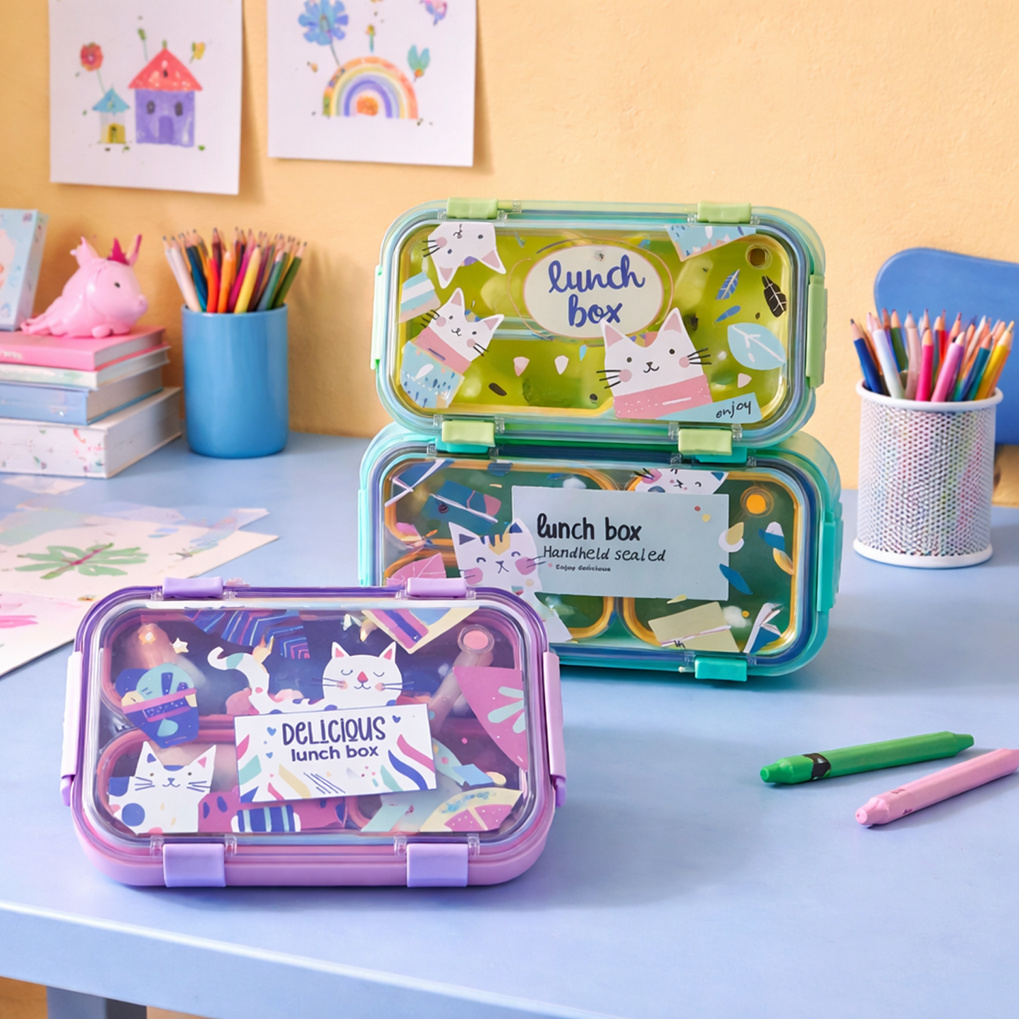 Cat Theme Plastic Bento Lunch Box with 3 compartments for Kids – 800ml