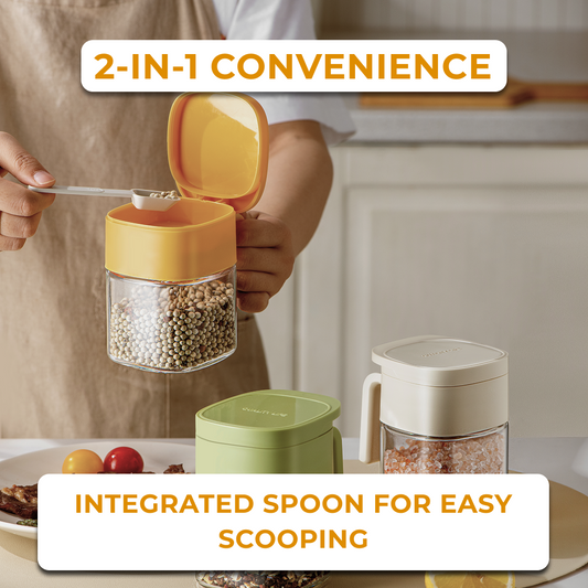 Spice Jar with Integrated Lid & Measuring Spoon.