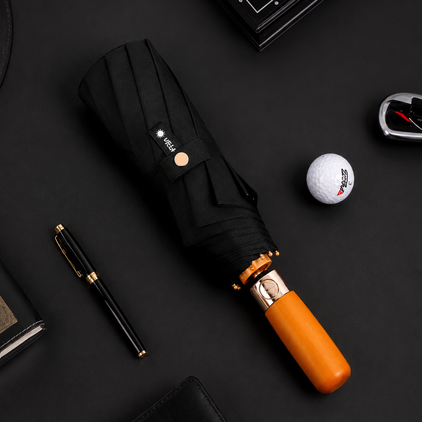 Luxury Windproof Folding Umbrella with Wooden Handle & UV Shield