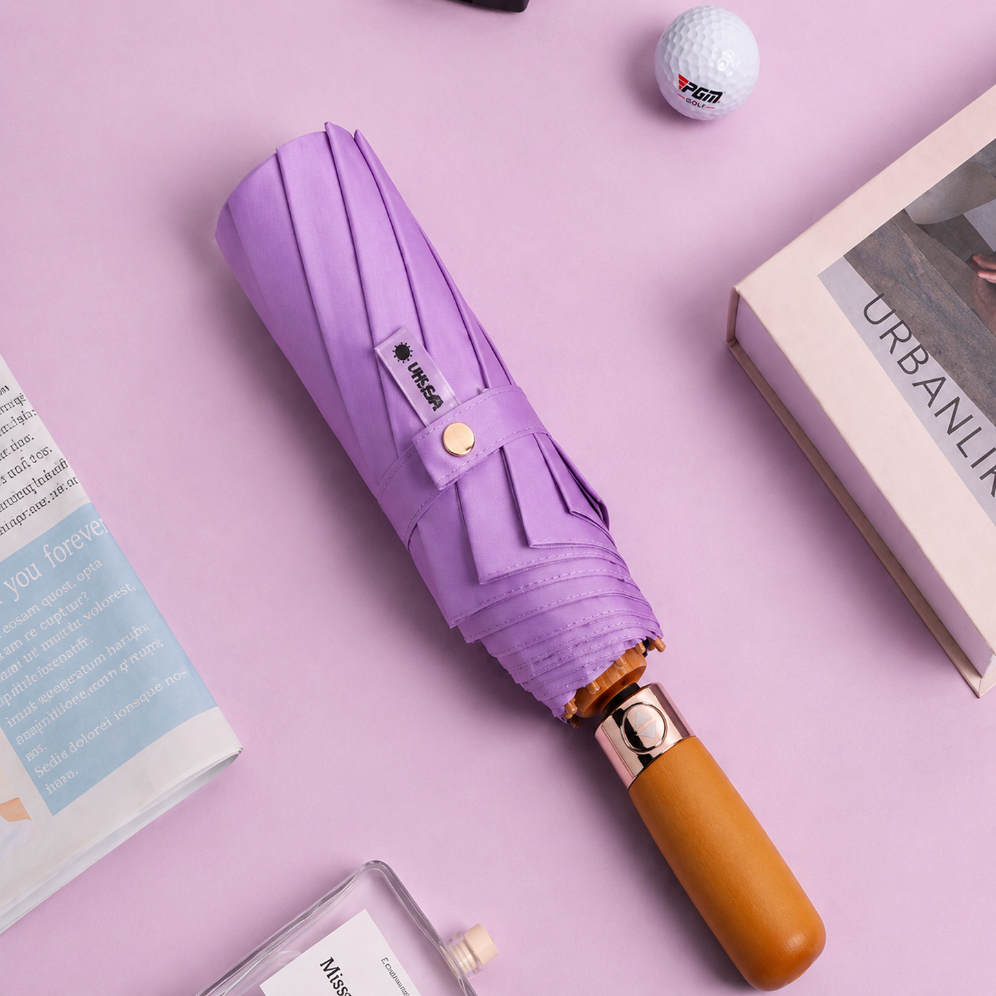 Luxury Windproof Folding Umbrella with Wooden Handle & UV Shield