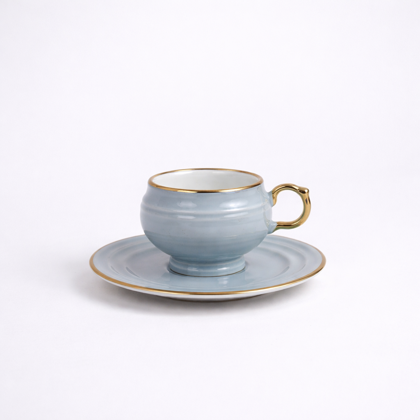 Luxury Sky Blue Gold Rim Ceramic Mug & Saucer Set – Set of 6