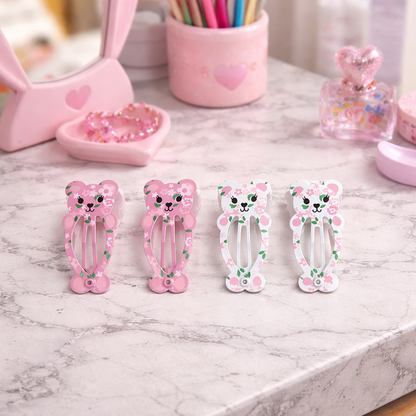 Cute Teddy Bear Floral Snap Hair Clips Set for Girls – 4 Piece Pack