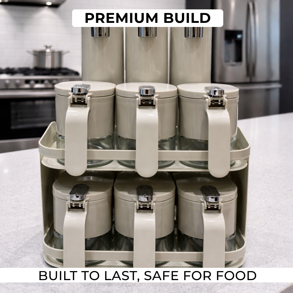 Premium 9-Piece Kitchen Spice Organiser | 6 Spice Jars & 3 Oil Bottles
