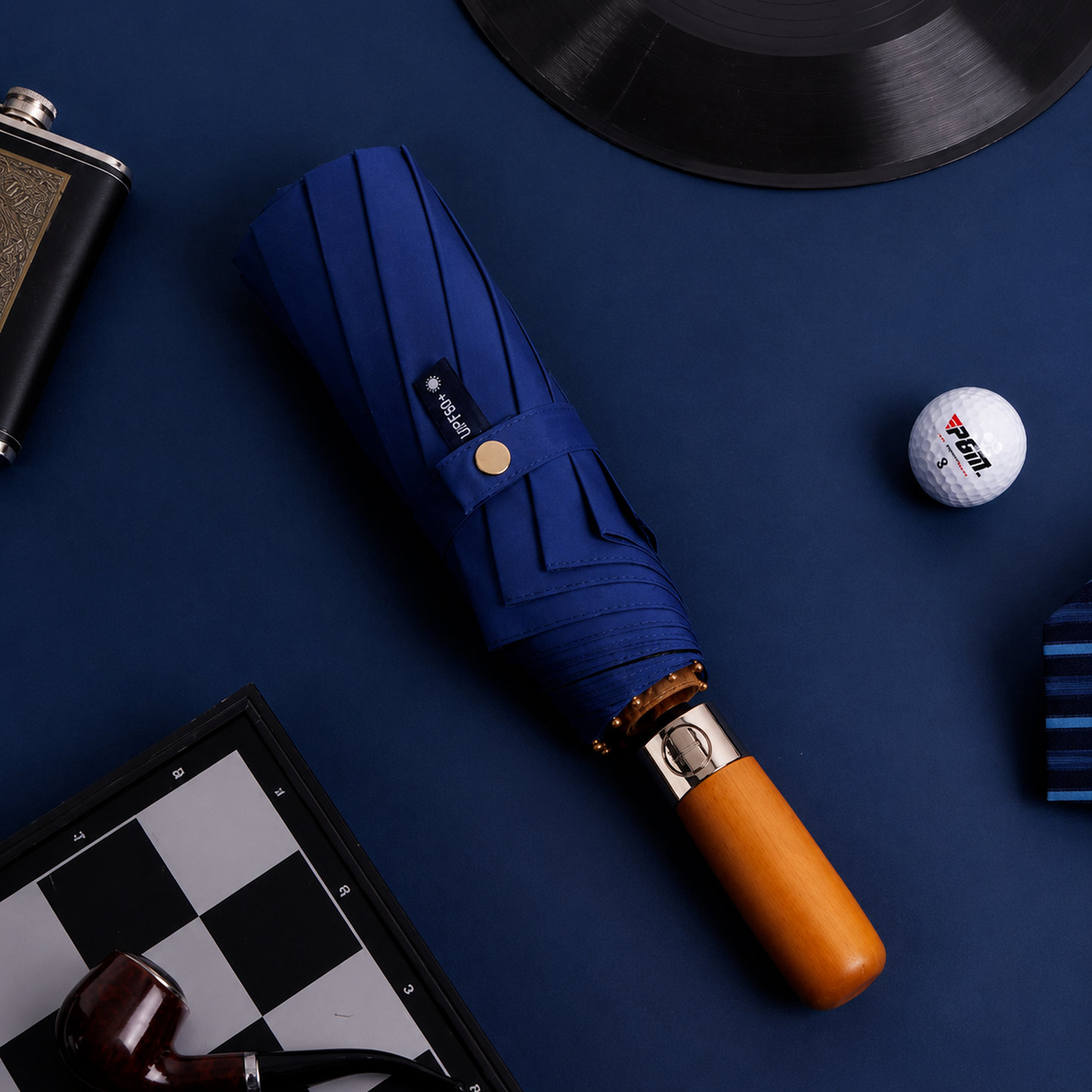 Luxury Windproof Folding Umbrella with Wooden Handle & UV Shield
