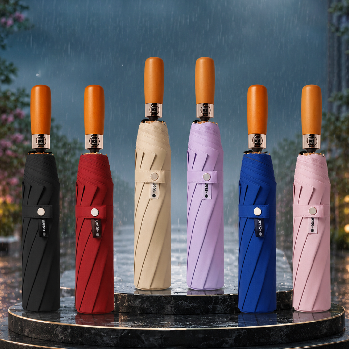 Luxury Windproof Folding Umbrella with Wooden Handle & UV Shield
