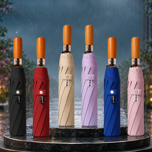 Luxury Windproof Folding Umbrella with Wooden Handle & UV Shield