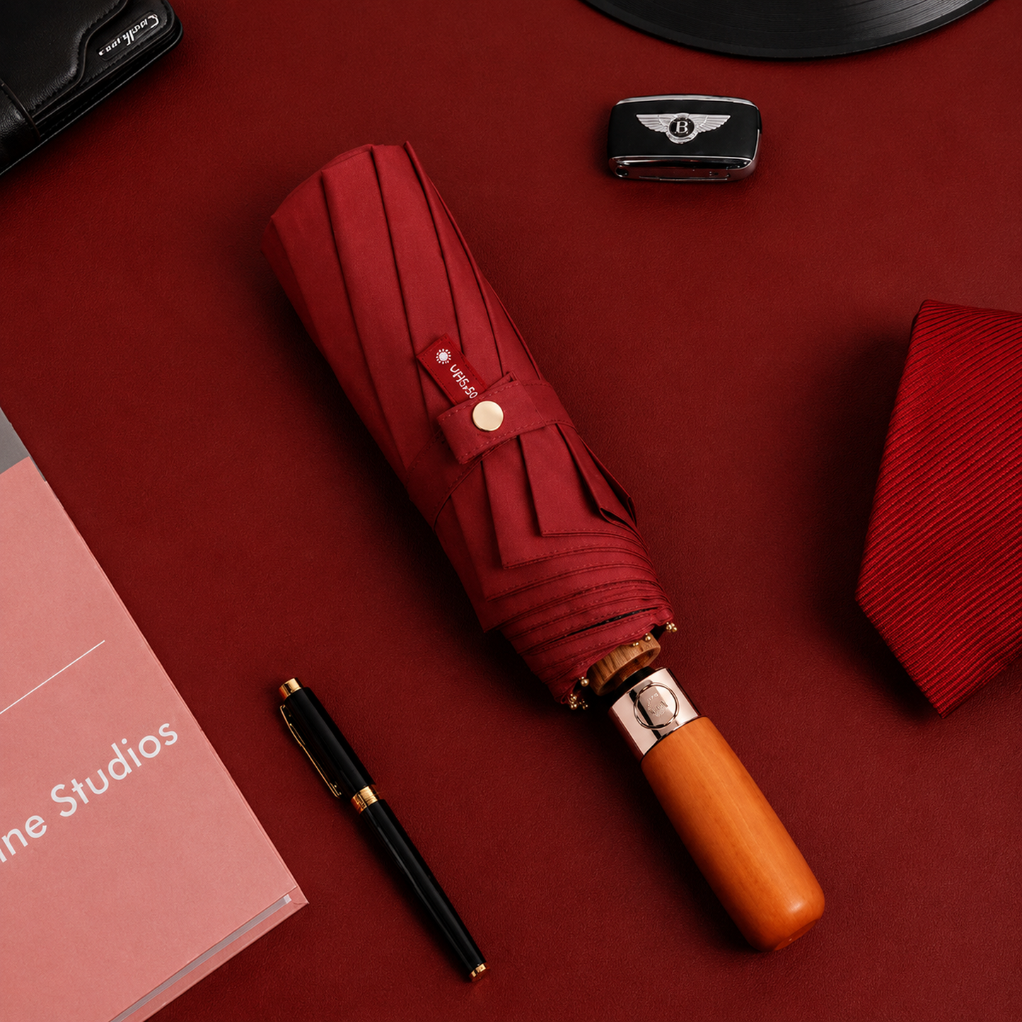 Luxury Windproof Folding Umbrella with Wooden Handle & UV Shield