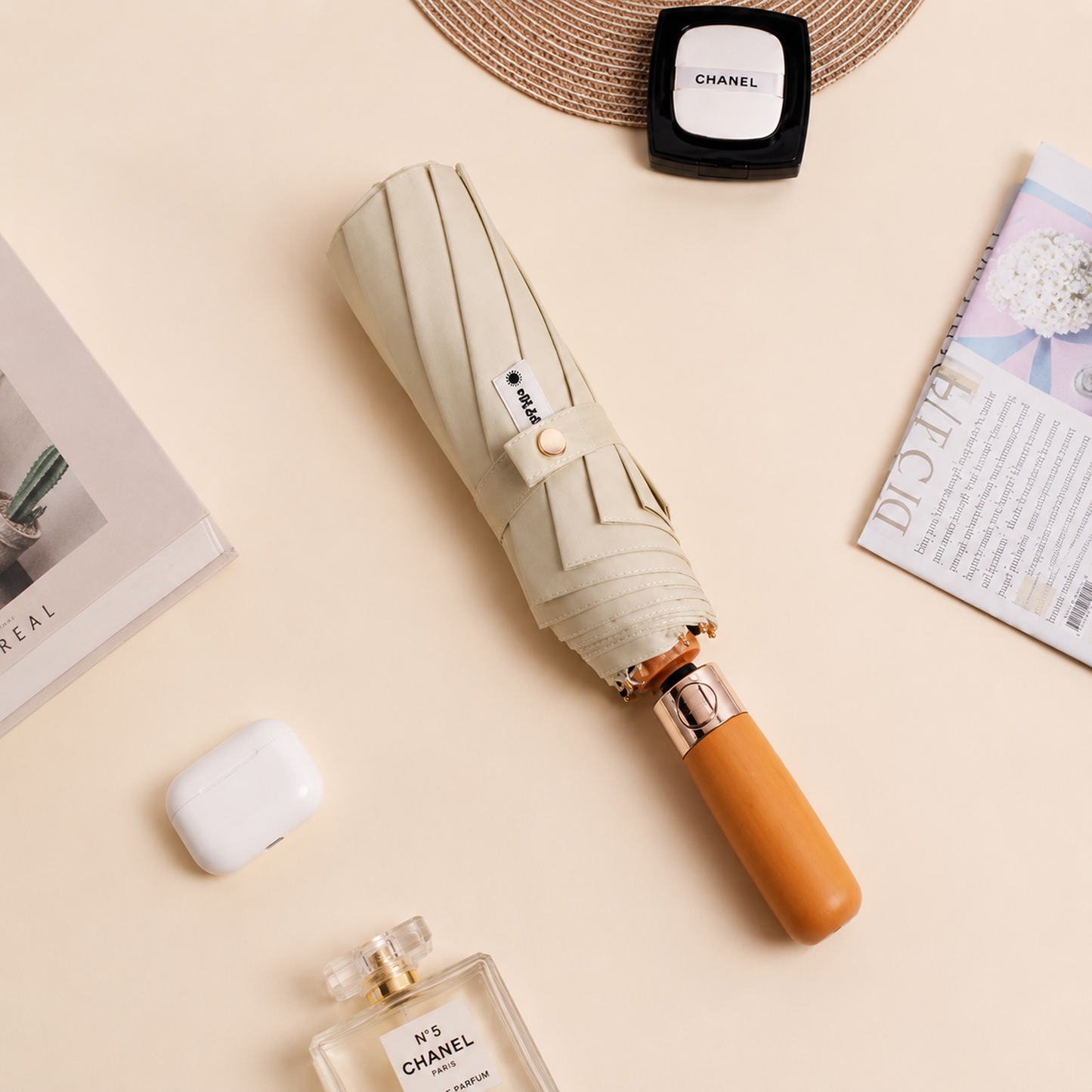 Luxury Windproof Folding Umbrella with Wooden Handle & UV Shield