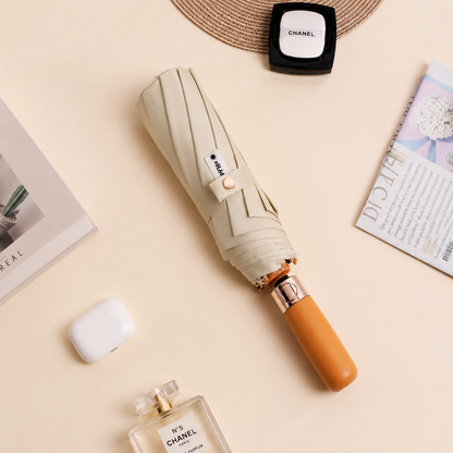 Luxury Windproof Folding Umbrella with Wooden Handle & UV Shield