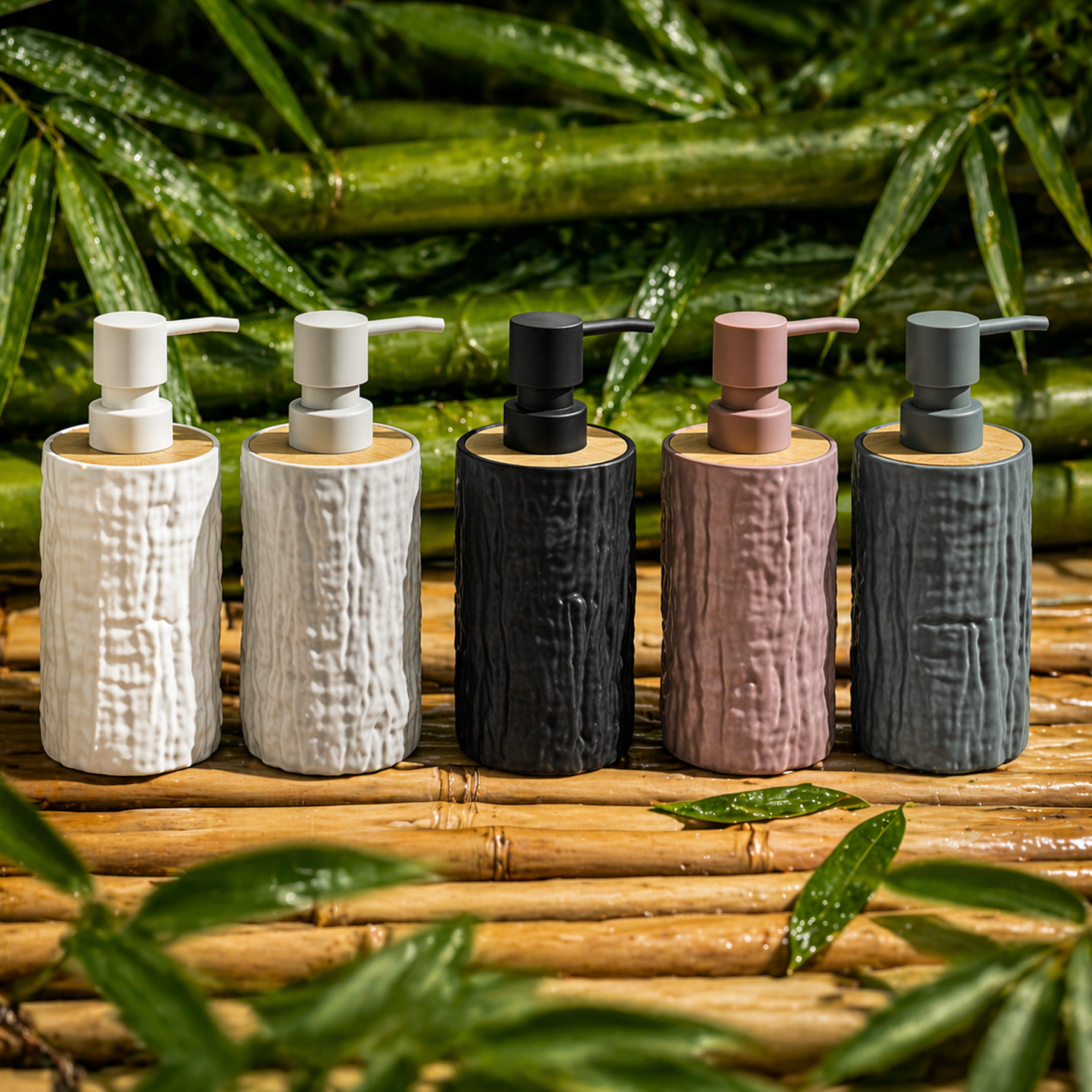 Unbreakable Textured Soap Dispenser with Bamboo Touch 380ml