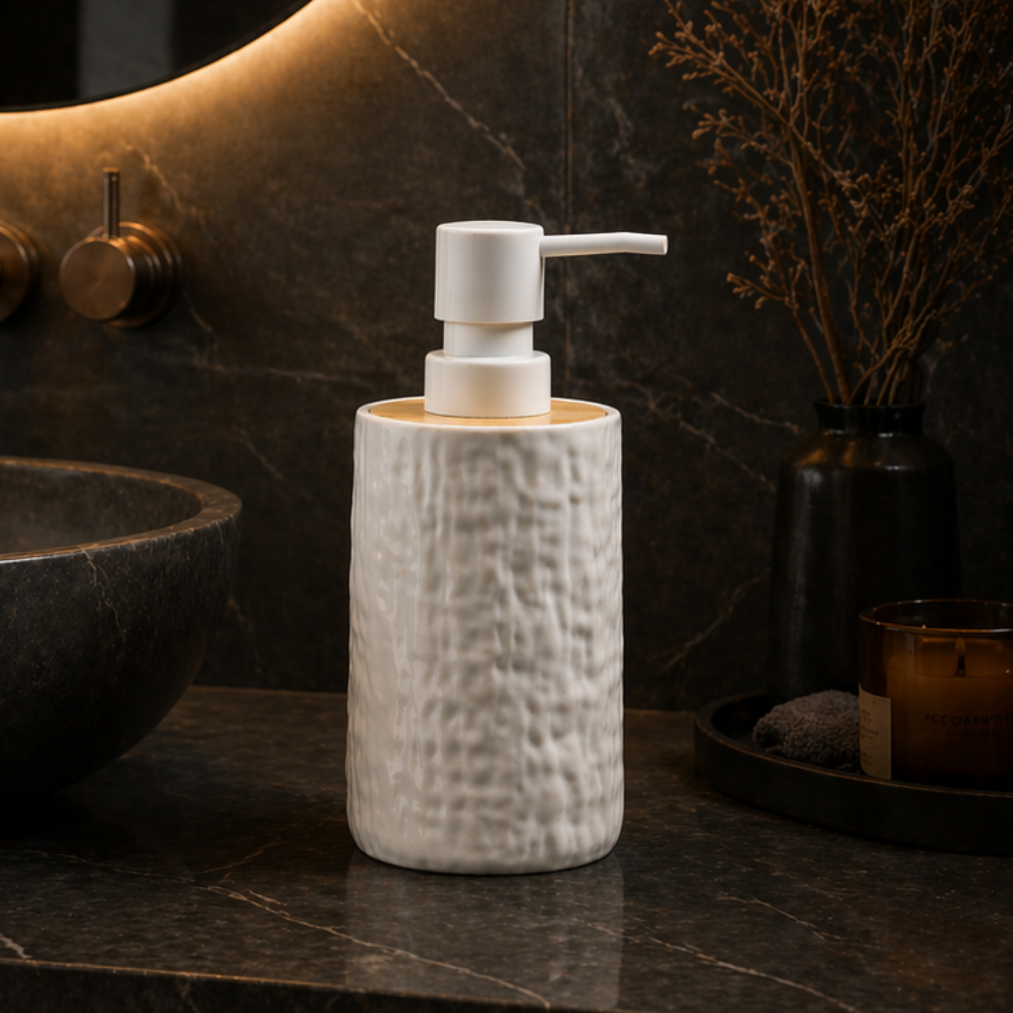 Unbreakable Textured Soap Dispenser with Bamboo Touch 380ml