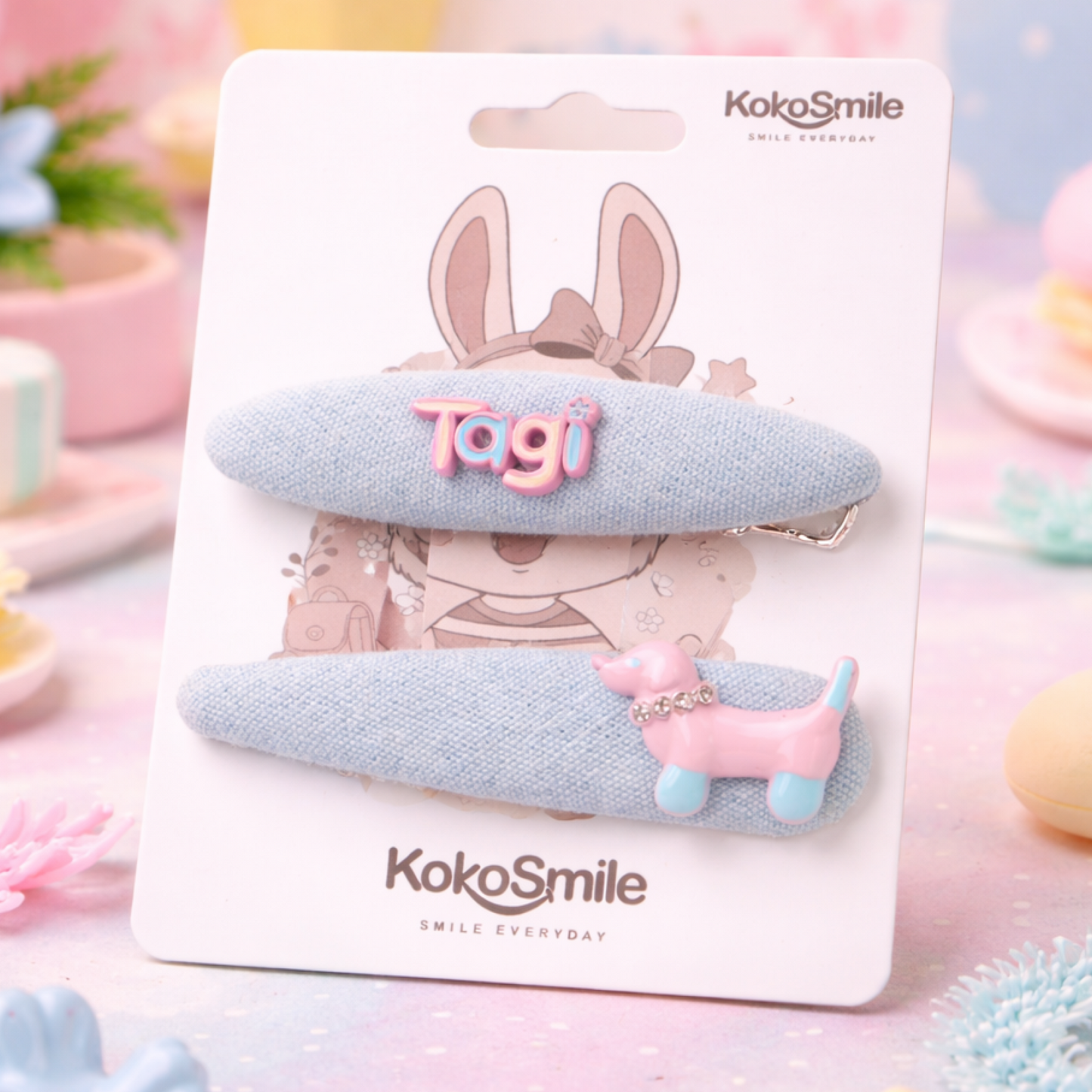 Cute Dog Charm Snap Fabric Hair Clips for Girls – Pastel Blue