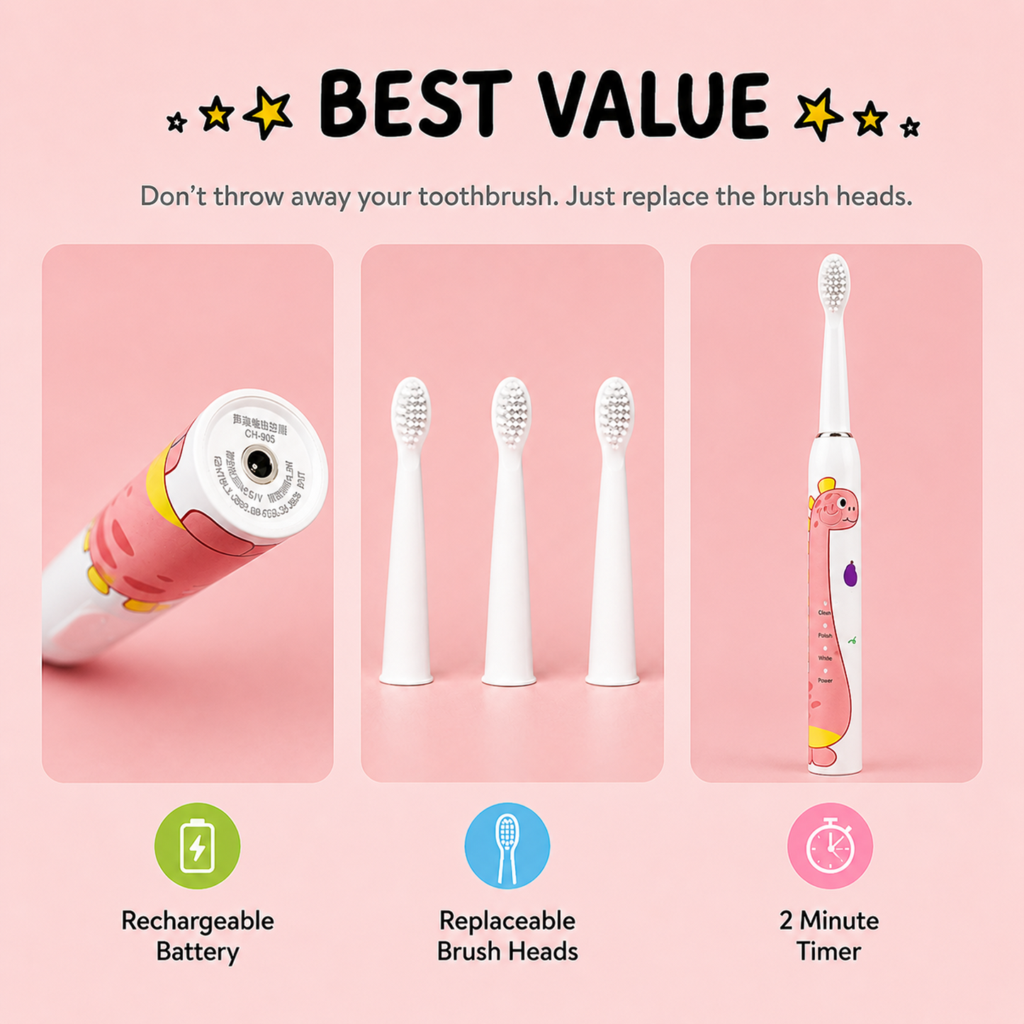 Smart Kids Toothbrush with Soft Bristles & 4 Replacement Heads