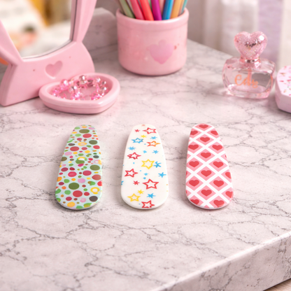 Printed Snap Hair Clips for Girls with Hearts, Stars & Polka Dots - Set of 3