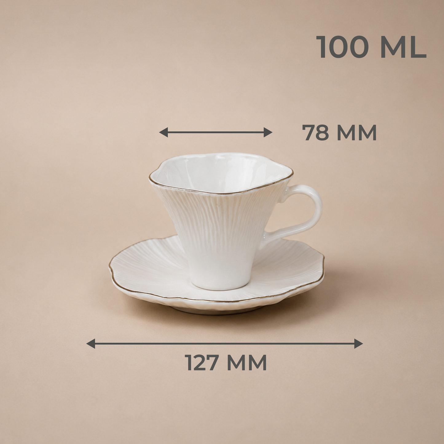 Premium Beige Ceramic Mug & Saucer with Gold Rim - Set of 6 (100ml each)