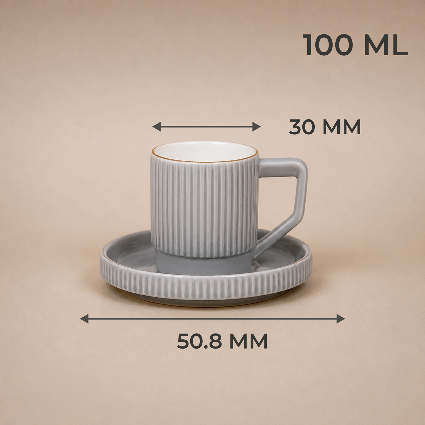 Premium Grey-Gold Rim Ribbed Ceramic Mug & Saucer - Set of 6