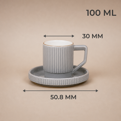 Premium Grey-Gold Rim Ribbed Ceramic Mug & Saucer - Set of 6