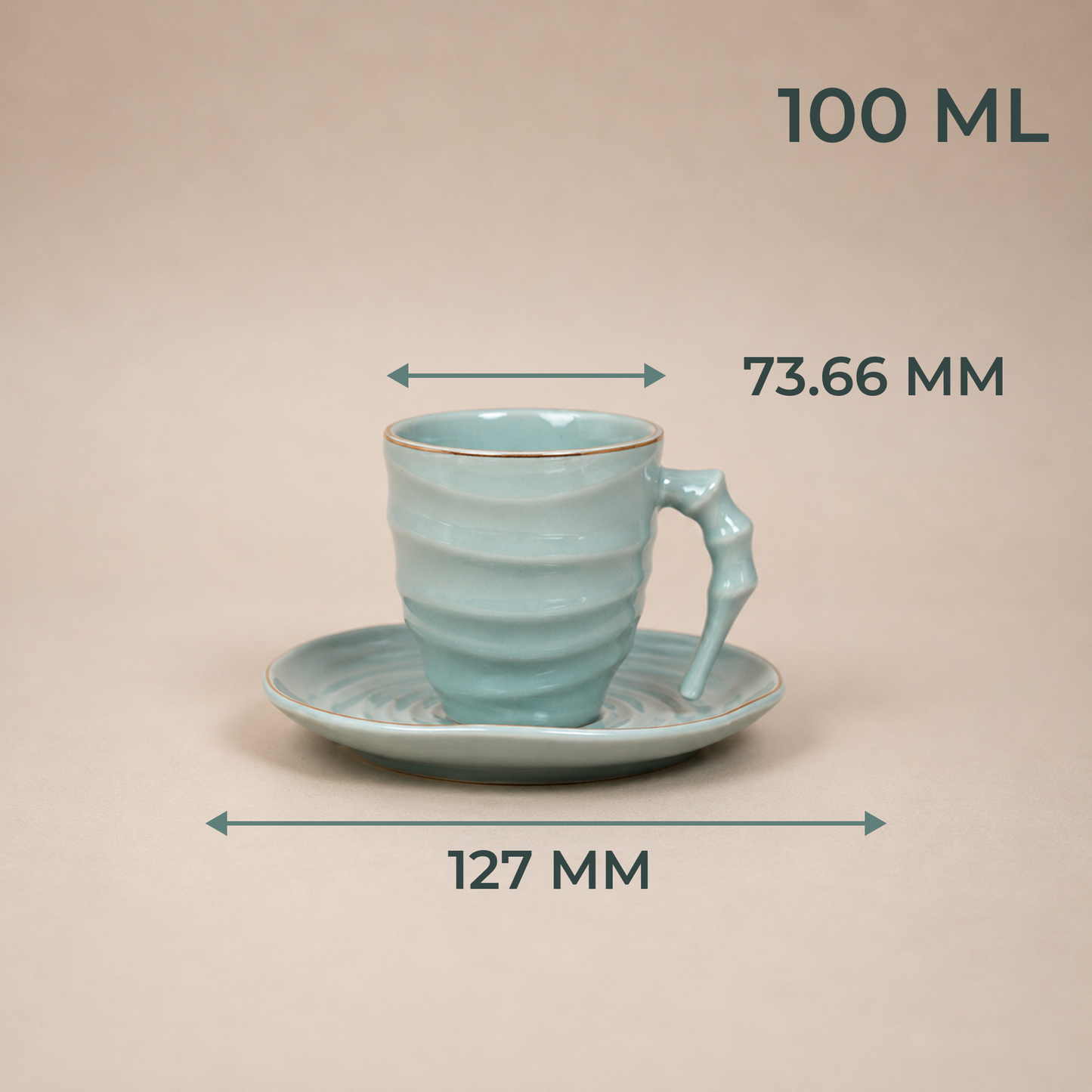 Luxury Sage Green Ceramic Mug & Saucer Set with Gold Rim (6 Pcs)