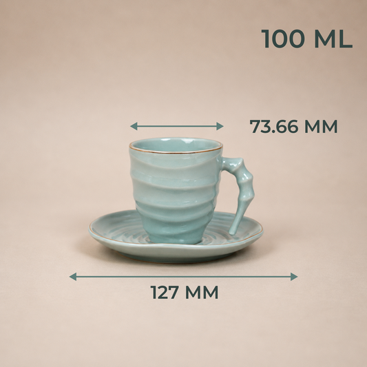 Luxury Sage Green Ceramic Mug & Saucer Set with Gold Rim - 6 Pcs (100ml each)