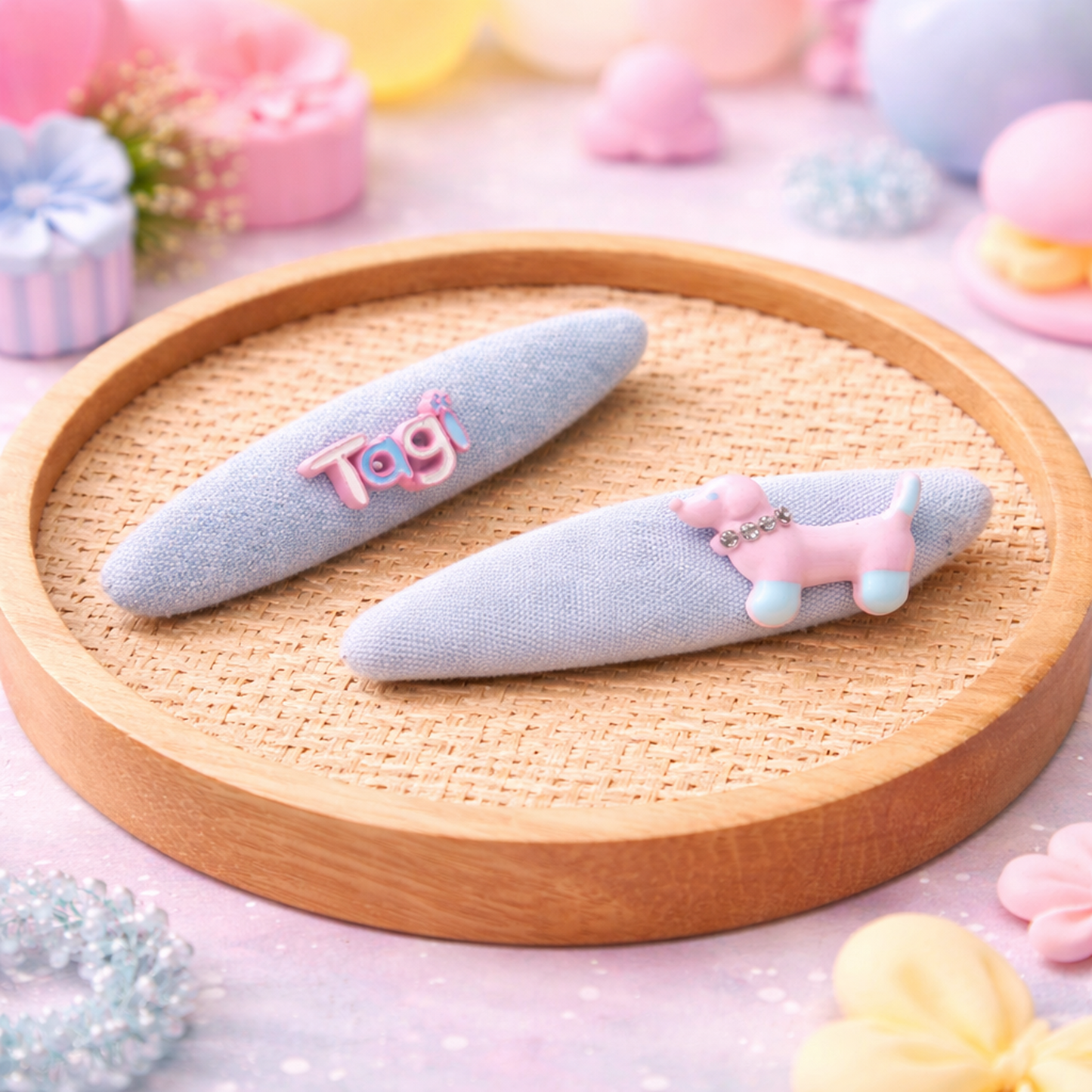 Cute Dog Charm Snap Fabric Hair Clips for Girls – Pastel Blue