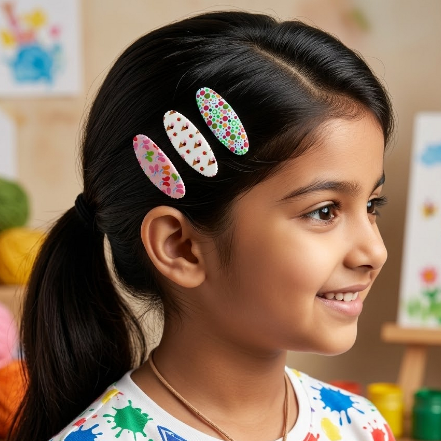 Printed Snap Hair Clips for Girls with Hearts, Stars & Polka Dots - Set of 3