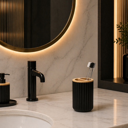 Premium ABS Ribbed Black Bathroom Accessories Set – 6 Pieces