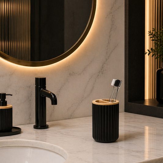 Premium ABS Ribbed Black Bathroom Accessories Set – 6 Pieces