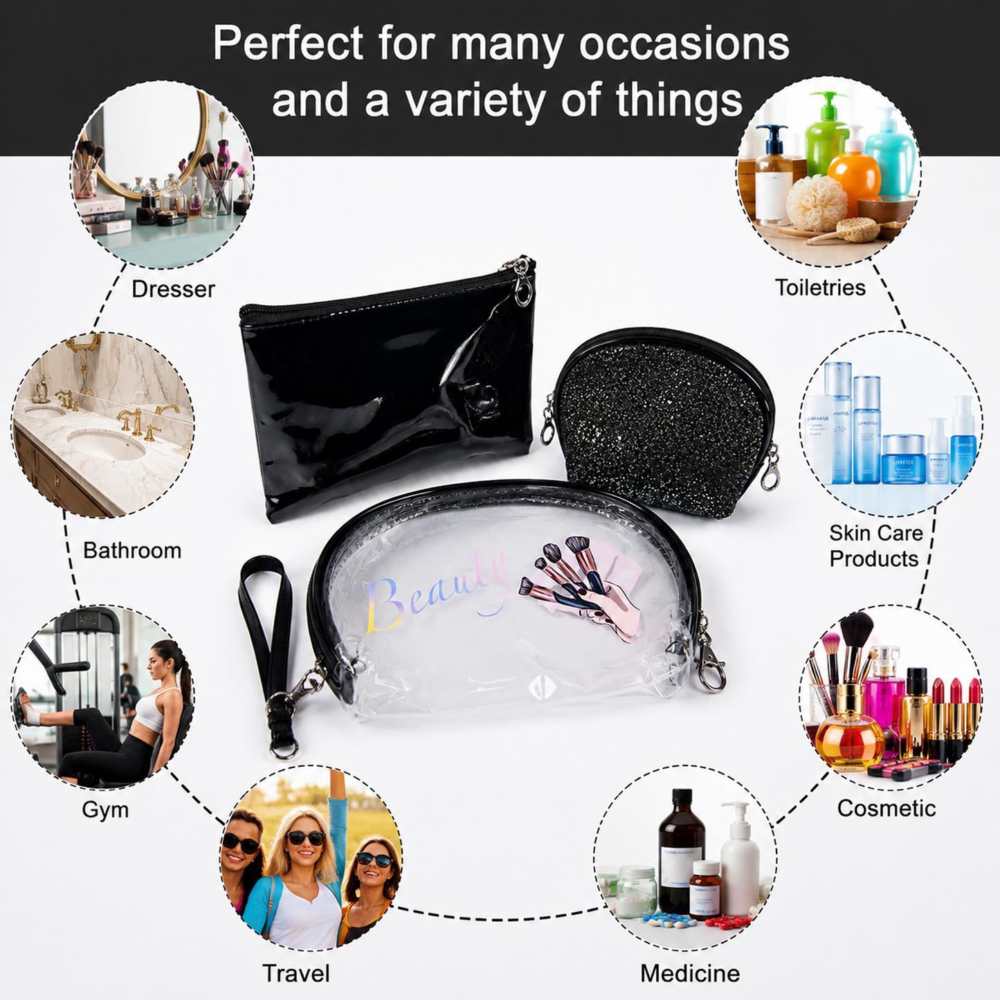 KokoSmile Glam Makeup Pouch Set – Transparent Travel Bags Set of 3