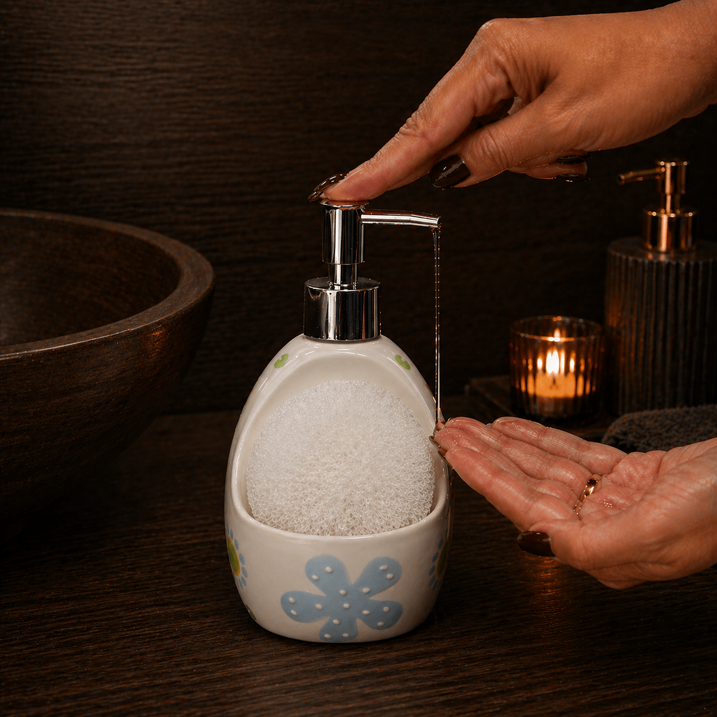 Ceramic Soap Dispenser with Sponge Holder for Kitchen