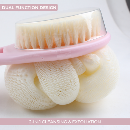 Dual-Sided Bath Back Scrubber Brush with Loofah & Long Handle