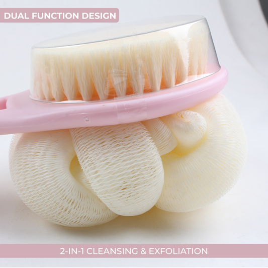 Dual-Sided Bath Back Scrubber Brush with Loofah & Long Handle