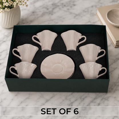 Premium Beige Ceramic Mug & Saucer with Gold Rim - Set of 6 (100ml each)