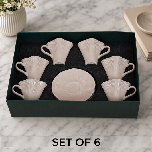 Premium Beige Ceramic Mug & Saucer with Gold Rim - Set of 6 (100ml each)