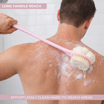 Dual-Sided Bath Back Scrubber Brush with Loofah & Long Handle