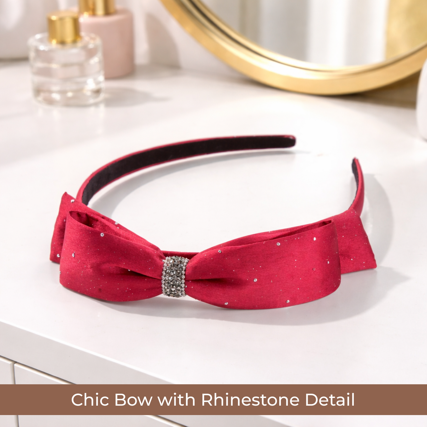 Red Rhinestone Bow & Black Cushioned Hairband Set – Premium Non-Slip Headbands