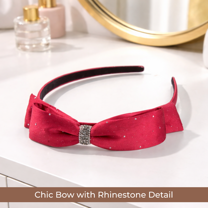 Red Rhinestone Bow & Black Cushioned Hairband Set – Premium Non-Slip Headbands