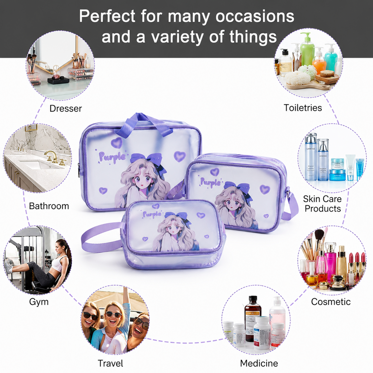 KokoSmile Clear Cosmetic Travel Organizer Bags – Waterproof Set of 3