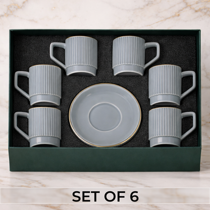Premium Grey-Gold Rim Ribbed Ceramic Mug & Saucer - Set of 6 (100ml each)