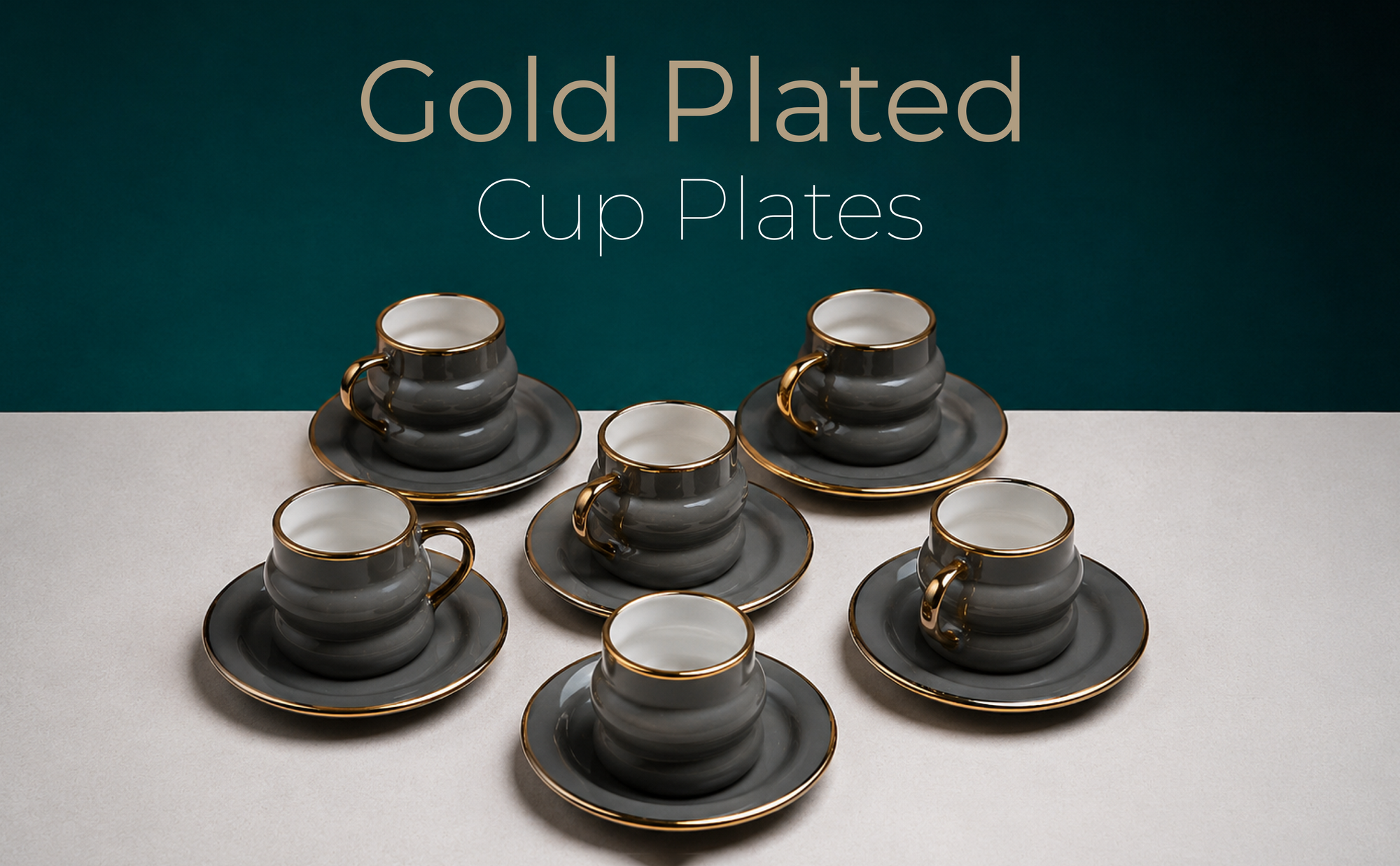 Luxury Smoky Grey Gold Rim Ceramic Mug & Saucer - Set of 6 Banner 3