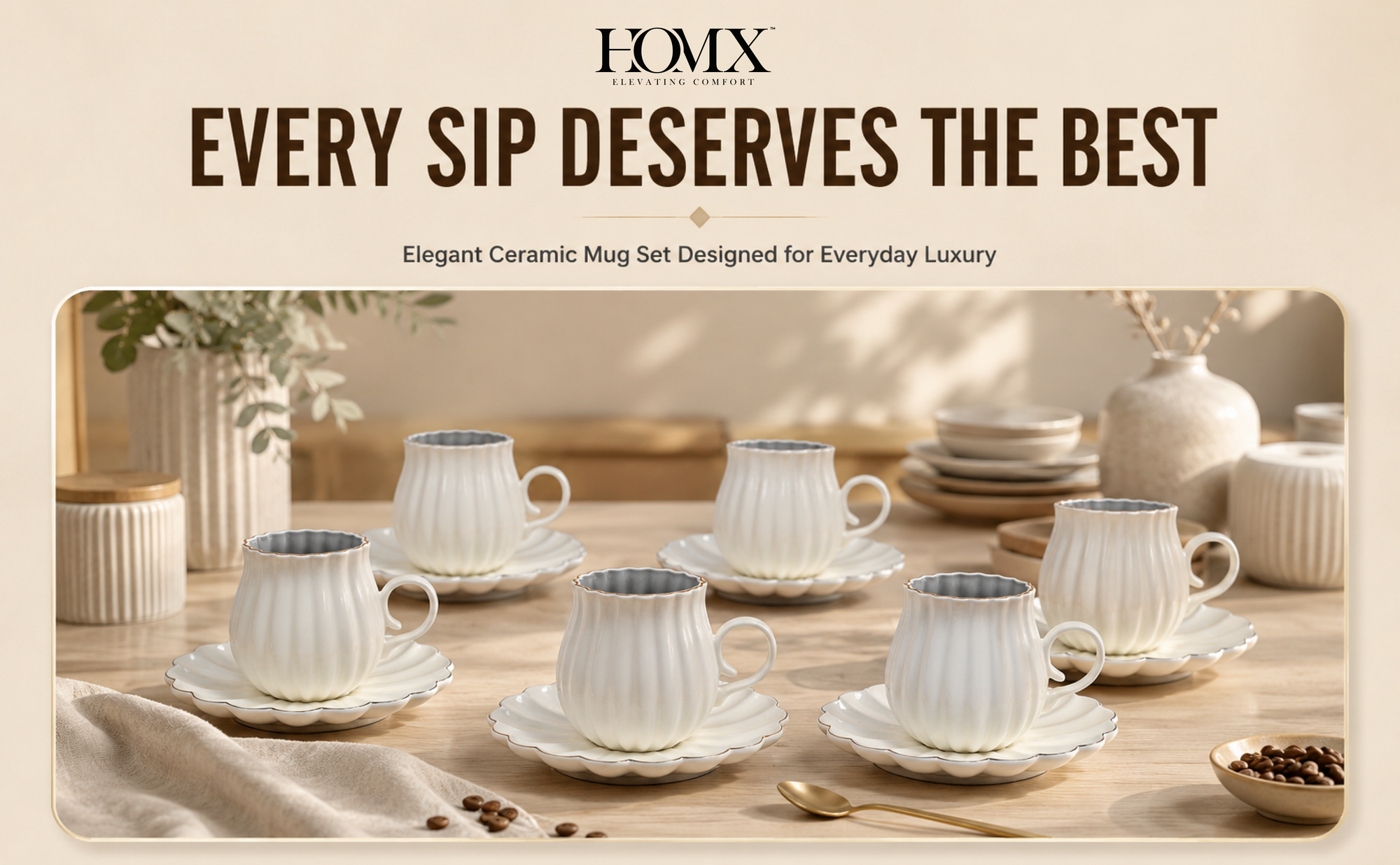 Ivory Luxe Gold Rim Ceramic Tea & Coffee Mug Set with Saucers (6 Pcs)Elegant Ribbed Design | Luxury White Coffee Cups with Plates | Microwave & Dishwasher Safe | Ideal for Home, Office & Gifting Banner 2