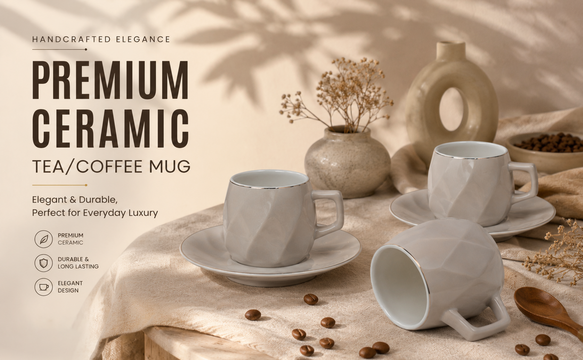 Luxury Gold Rim Ceramic Mug & Saucer - Set of 6 Banner 3