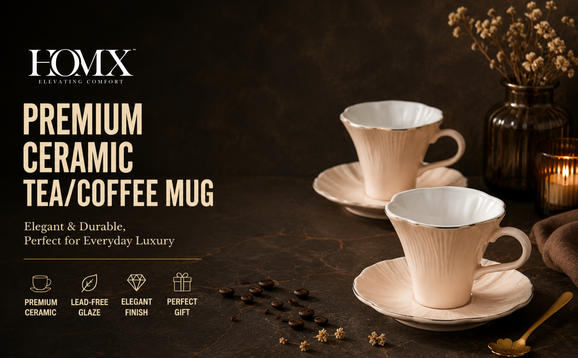 Luxury Ivory Gold Rim Ceramic Mug & Saucer Set of 6 Banner 3