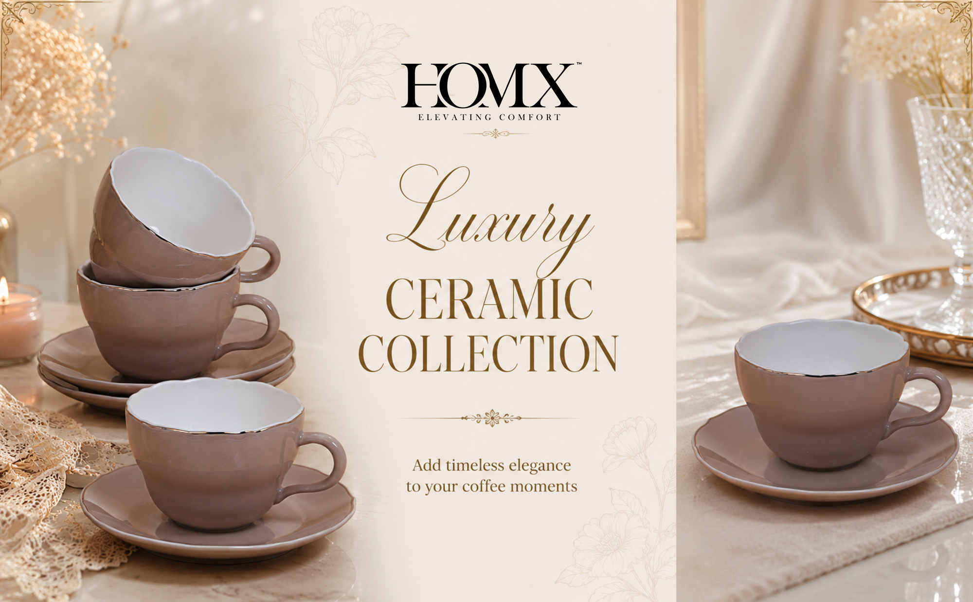 Blush Pink Gold-Rim Ceramic Tea Cup & Saucer Set for 6 Banner 3