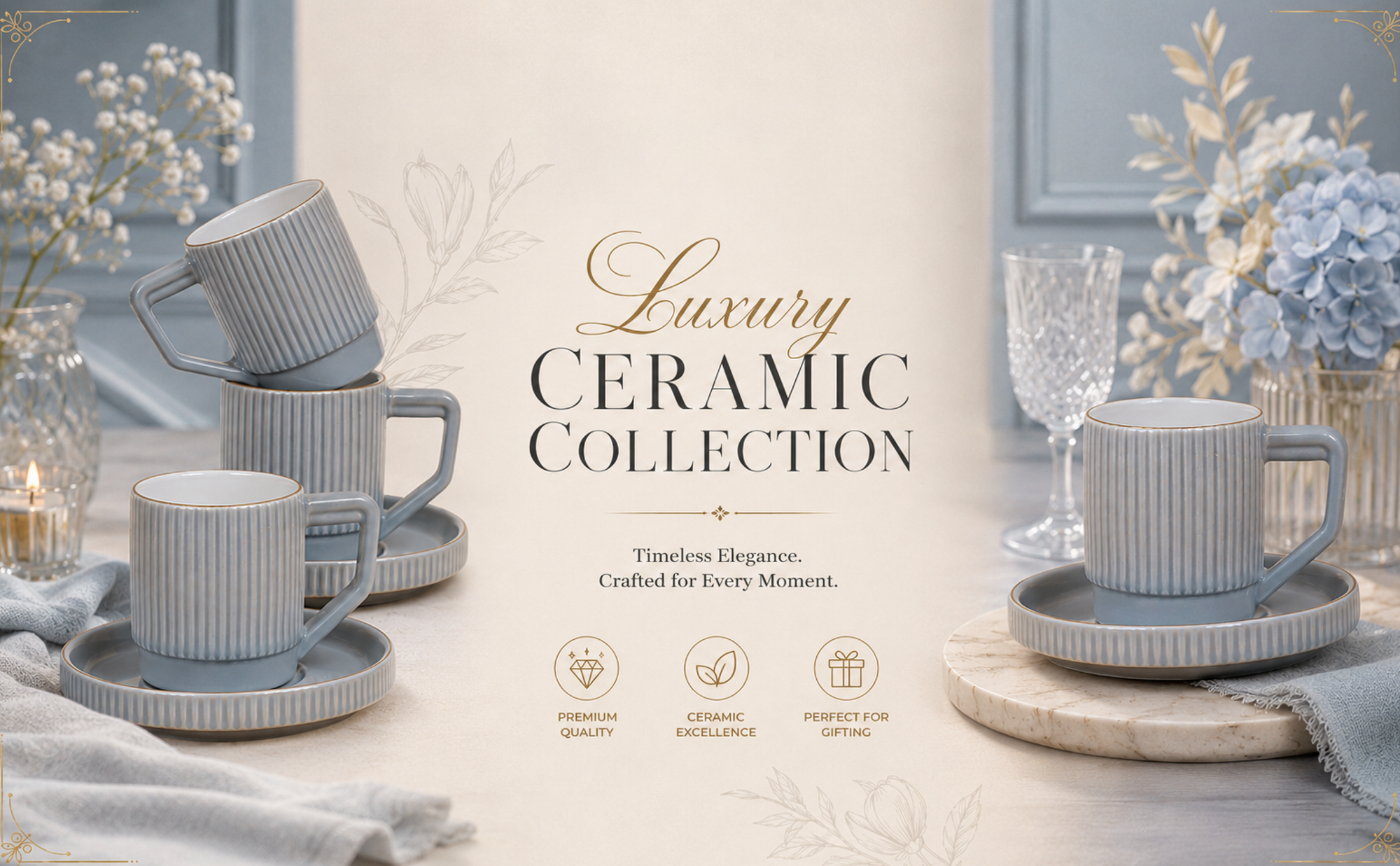 Premium Grey-Gold Rim Ribbed Ceramic Mug & Saucer - Set of 6 Banner 3