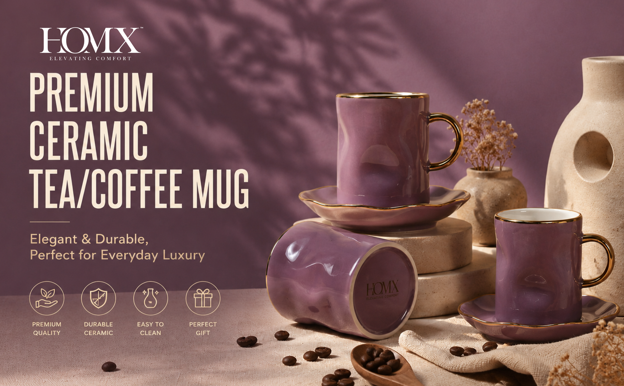 Luxury Gold Rim Ceramic Mug & Saucer Set – Premium Set of 6 Banner 3