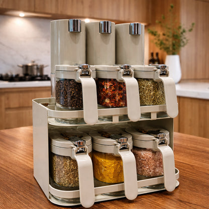 Premium 9-Piece Kitchen Spice Organiser | 6 Spice Jars & 3 Oil Bottles