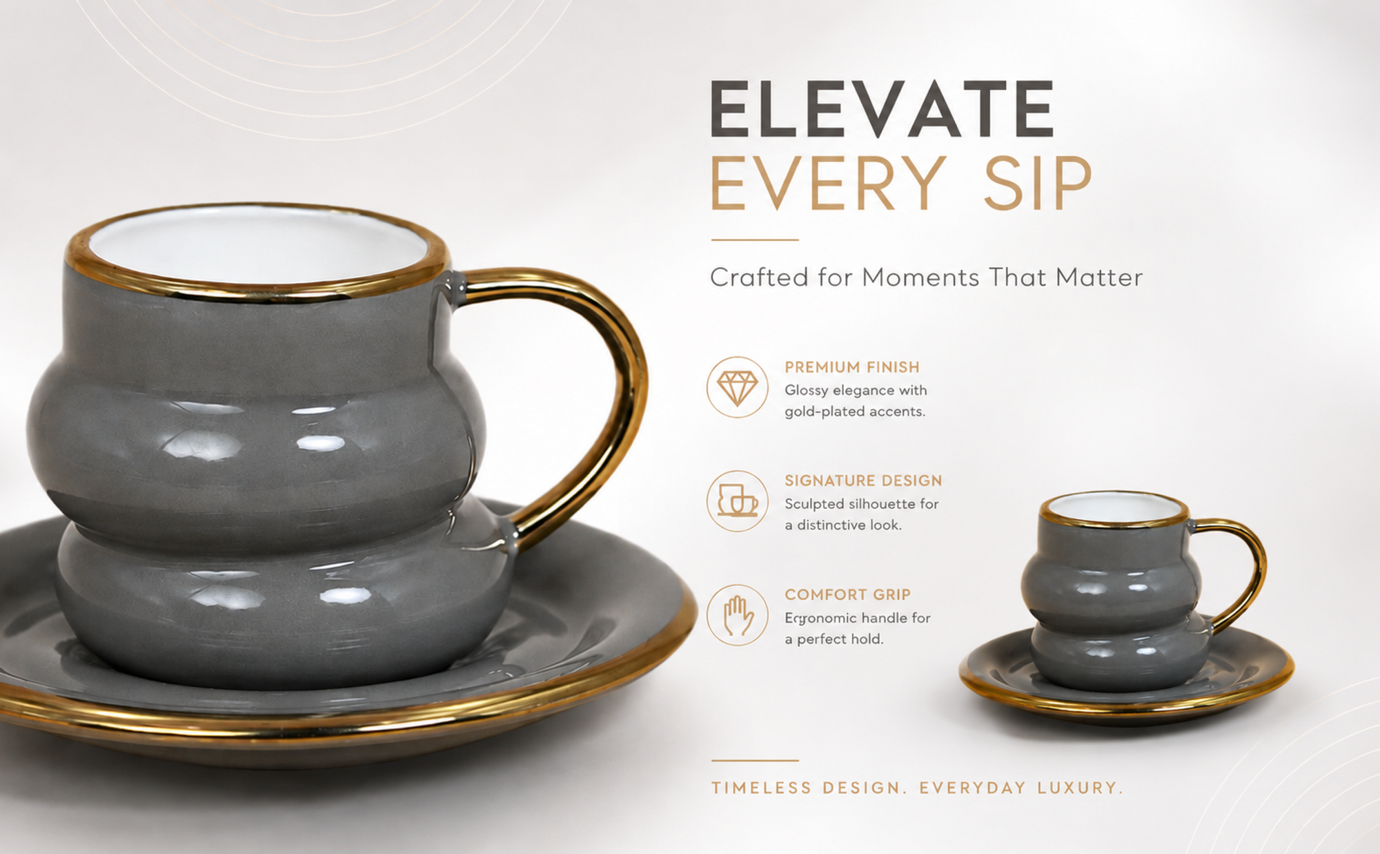 Luxury Smoky Grey Gold Rim Ceramic Mug & Saucer - Set of 6 Banner 4