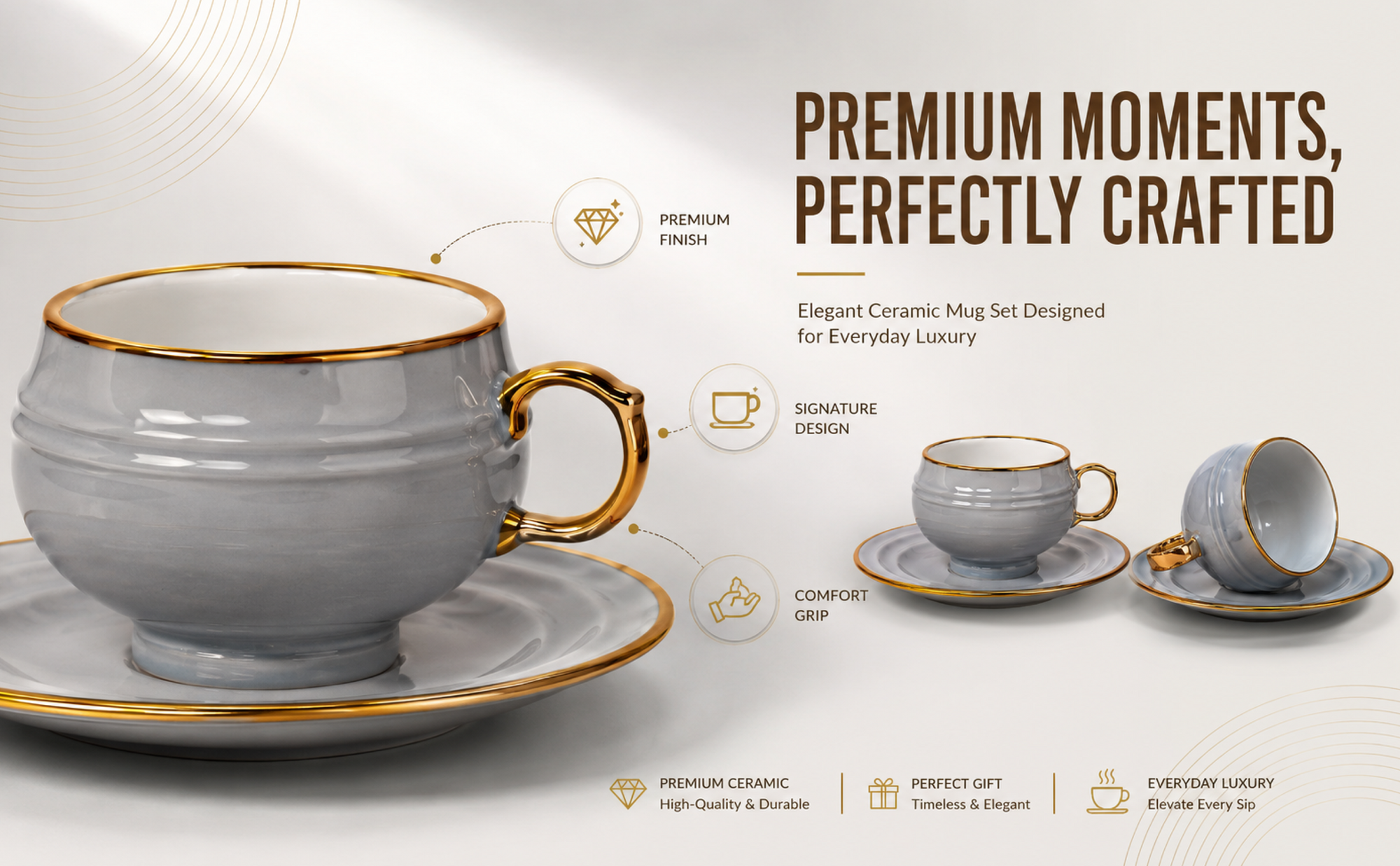 Luxury Sky Blue Gold Rim Ceramic Mug & Saucer Set – Set of 6 Banner 4