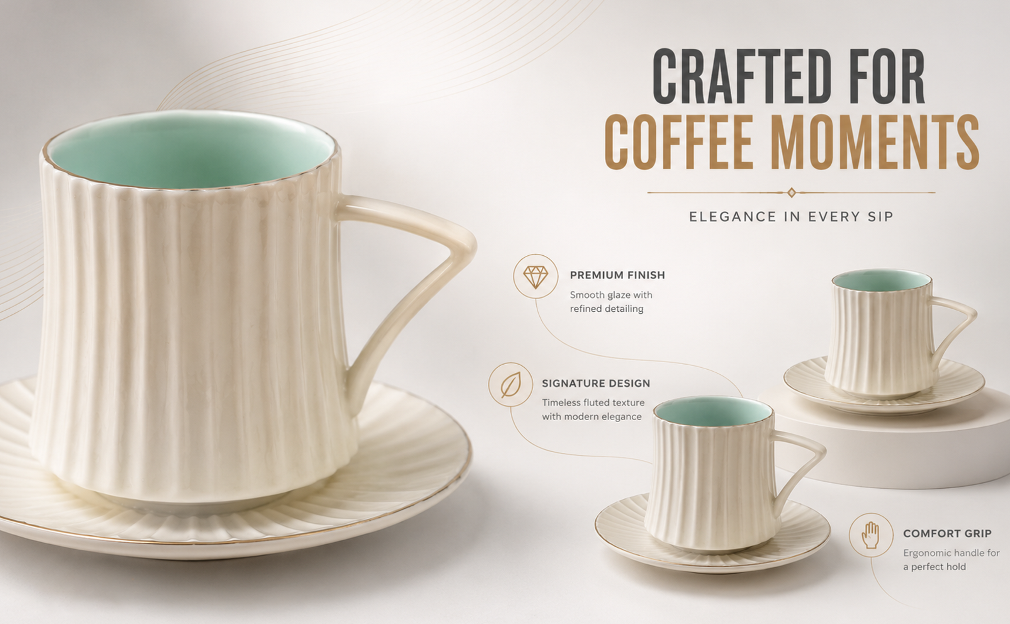 Ivory Blue Ribbed Ceramic Tea/Coffee Mug & Saucer-  Set of 6 Banner 4